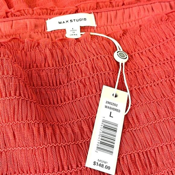 NWT Large MAX STUDIO Mesh Smocked Midi Dress Ruffled Washed Red Flutter Sleeves - Picture 12 of 13